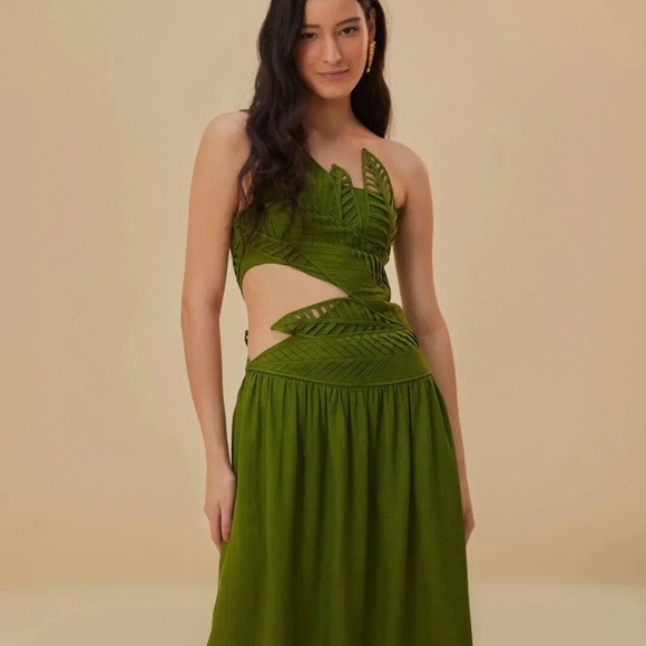 Farm Rio Green Leaves Cut Out Midi Dress S - Picture 3 of 11